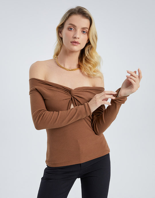 오프 숄더 V넥 스키니 티셔츠