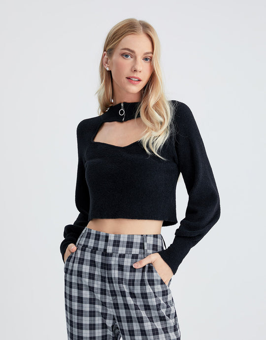 컷아웃 퍼프 슬리브 크롭 티