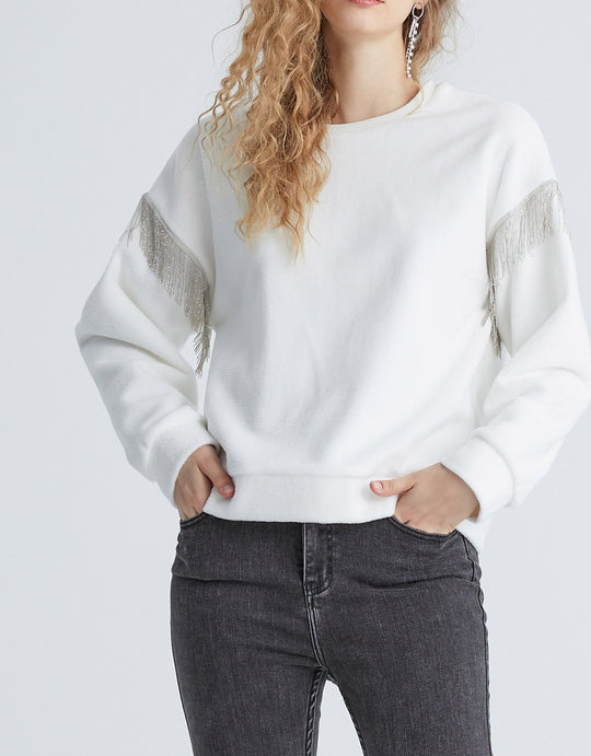 프린지 트리밍 드롭 숄더 스웨트셔츠