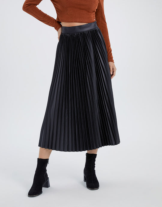 플리츠 롱 PU 스커트