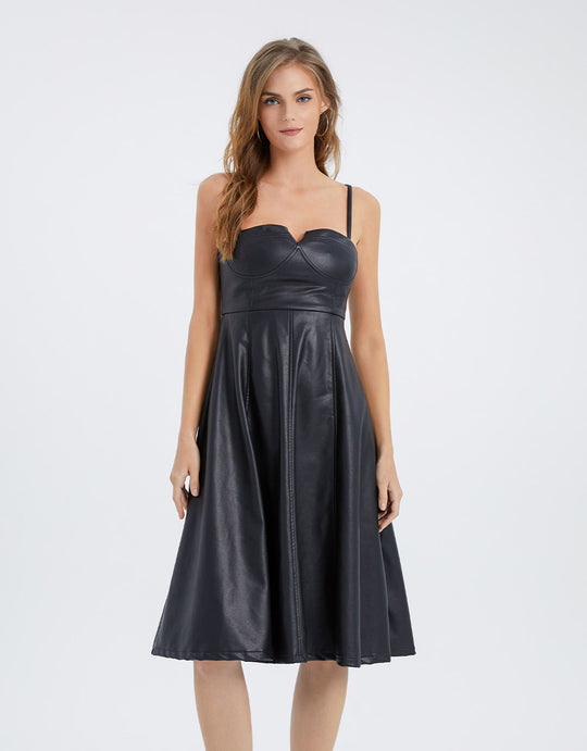 슬리브리 스퀘어 넥 PU A-Line 드레스