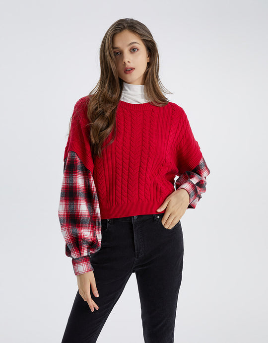 크루넥 패치워크 니트 티셔츠