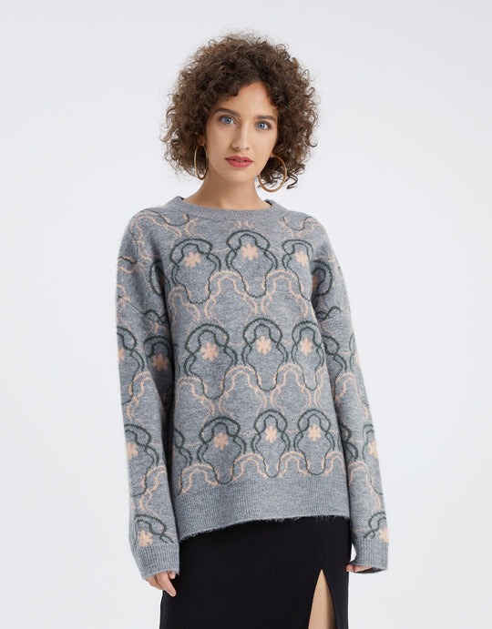 자카드 드롭 숄더 스웨터