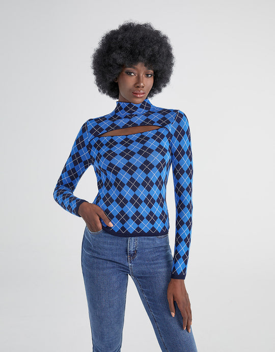 컷아웃 아가일 패턴 니트 티셔츠