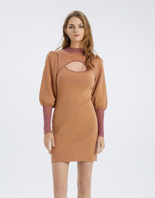 퍼프 소매 터틀넥 니트 드레스