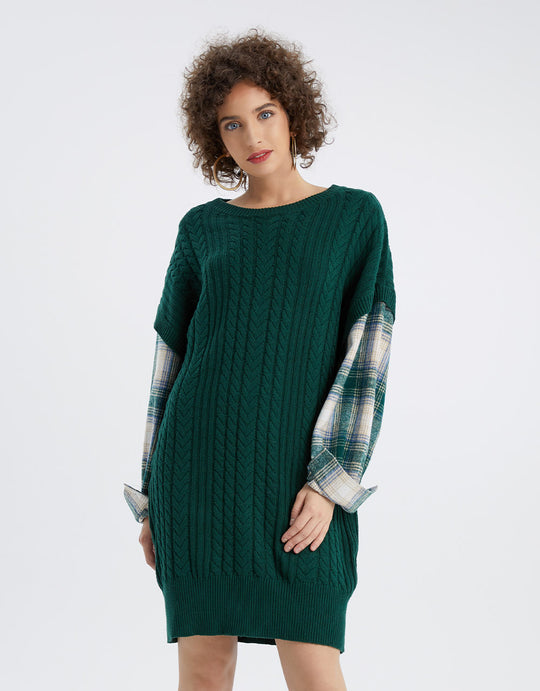 체크 무늬 패턴 소매 스플라이스 스웨터 드레스