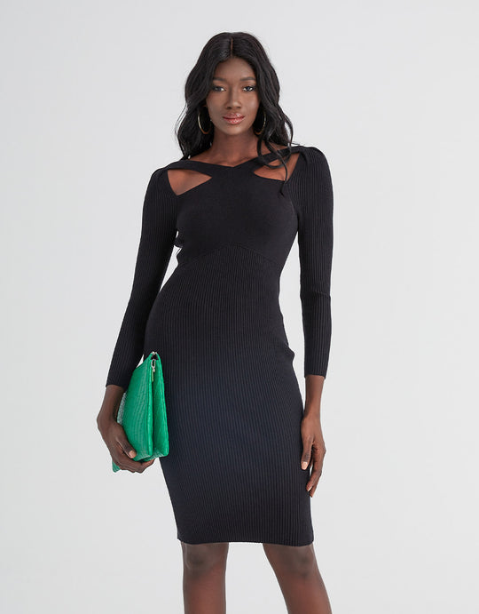 컷아웃 니트 미디 바디콘 드레스