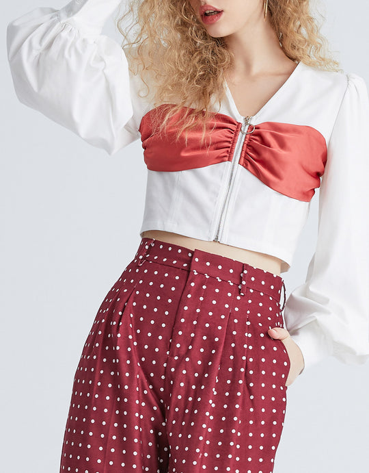 컬러 블록 랜턴 슬리브 블라우스