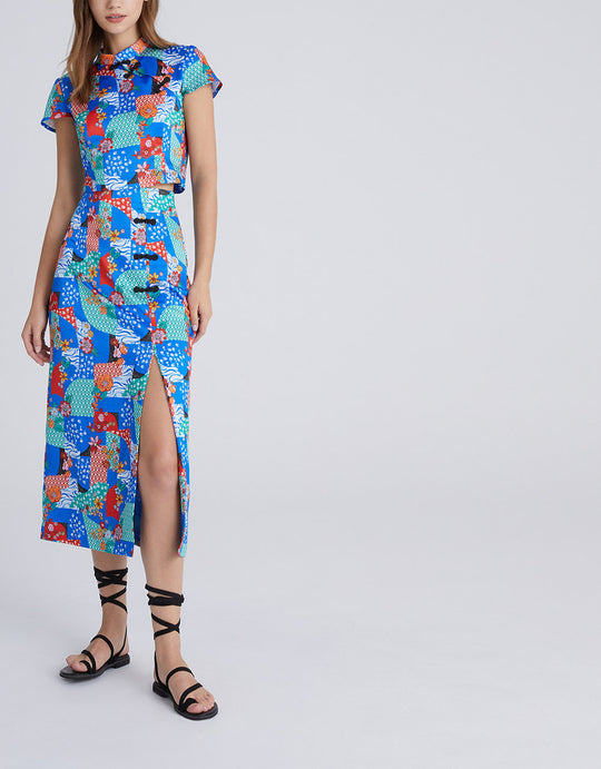 컬러블럭 만다린 칼라 개구리 버튼 블라우스