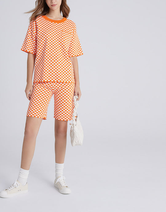 체크 패턴 패치 포켓 니트 티셔츠