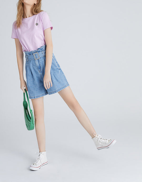 플리츠 벨트 데님 반바지