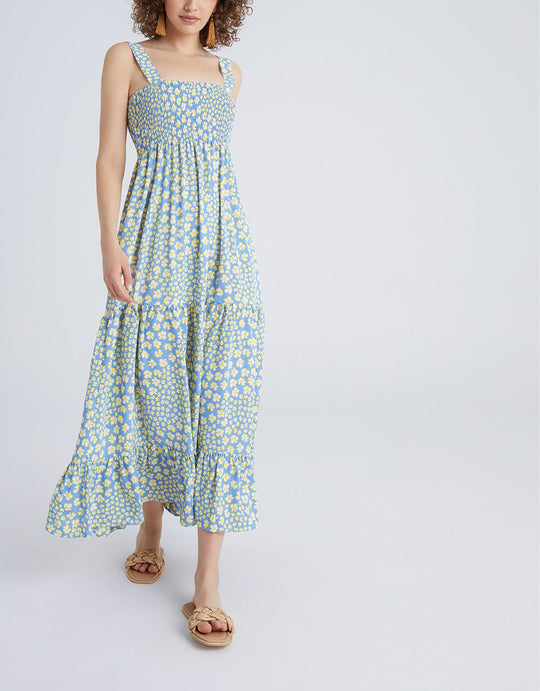 플로럴 프린트 셔링 슬리브리스 롱 드레스