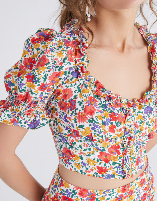 플로럴 프린트 퍼프 슬리브 블라우스