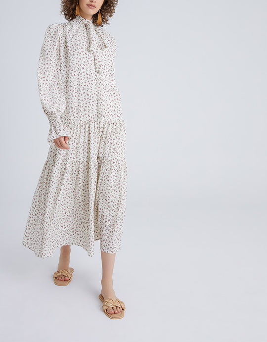 플로럴 프린트 랜턴 슬리브 벨트 롱 드레스