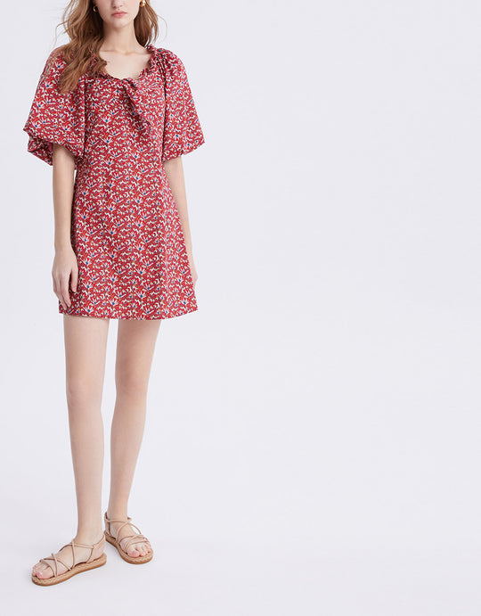 플로럴 프린트 타이 프론트 퍼프 슬리브 드레스