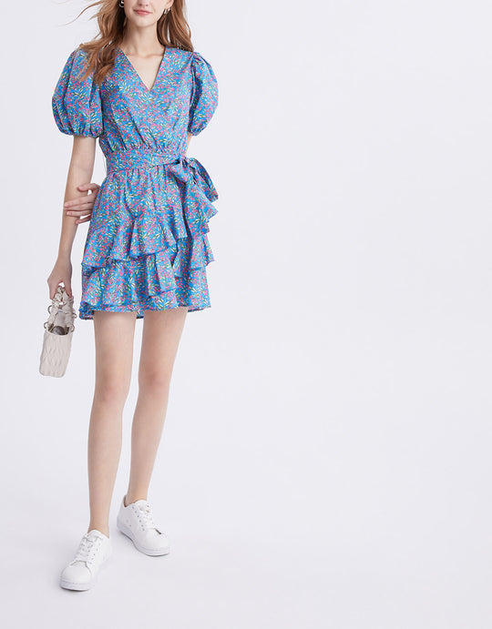 플라워 프린트 퍼프 슬리브 드레스