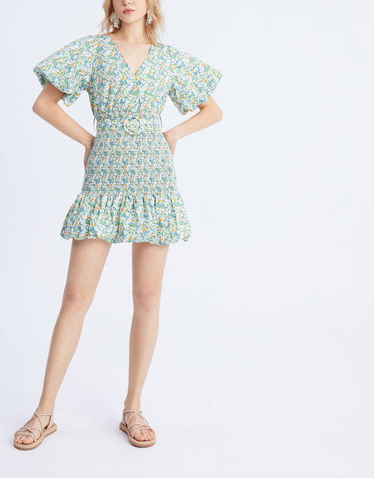 플로럴 프린트 셔링 벨트 드레스