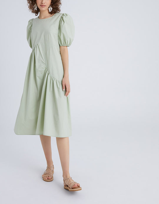 플레인 퍼프 슬리브 플리츠 장식 드레스