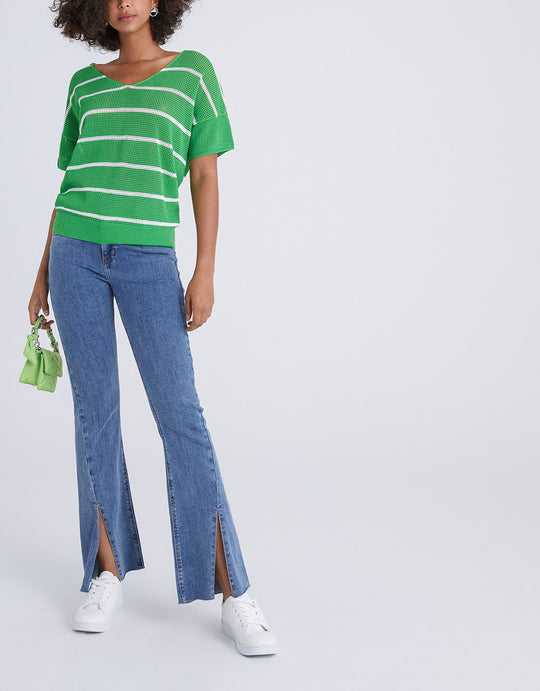 스트라이프 V넥 니트 티셔츠