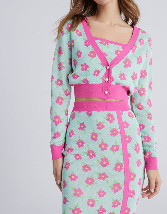 플로럴 자카드 콘트라스트 트리밍 카디건