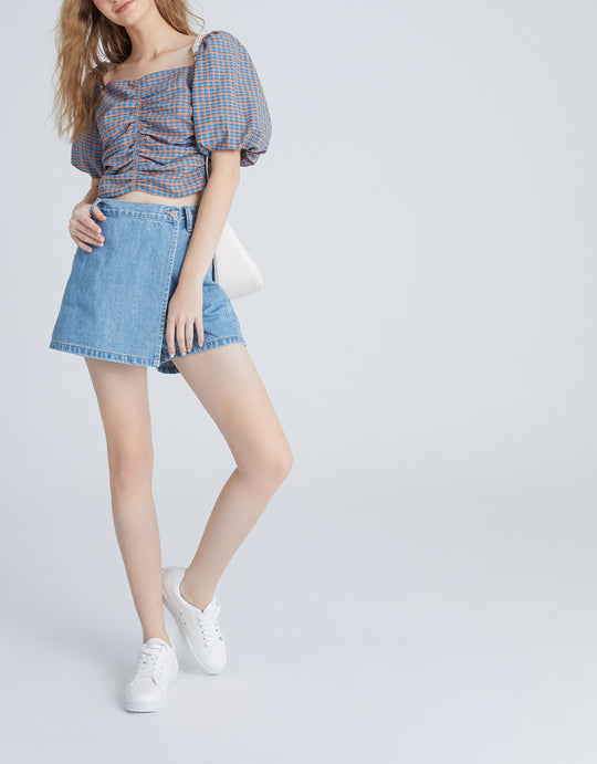 체크무늬 프론트 퍼프 슬리브 블라우스