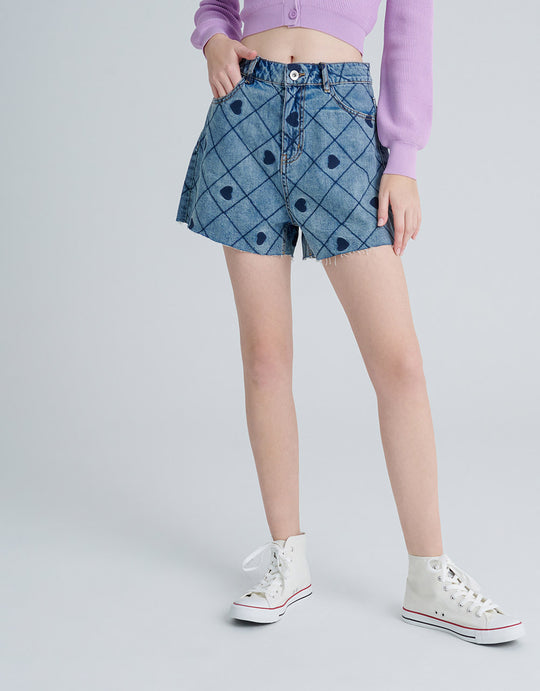 체크무늬 &amp; 하트 패턴 데님 반바지