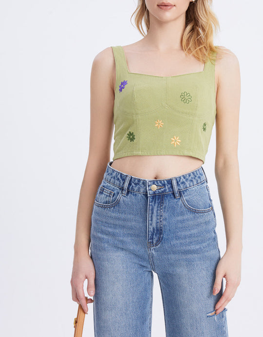 플로럴 자수 데님 슬리브리스 탑