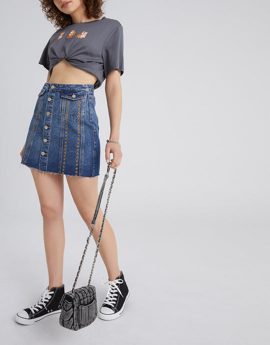 밑단 비대칭 밑단 버튼업 데님 스커트