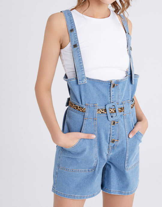 레오파드 벨트 데님 오버올