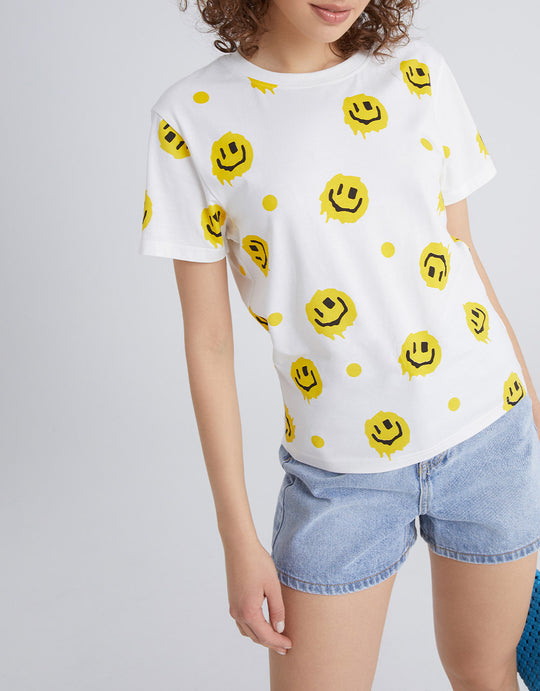 스마일 페이스 패턴 크루넥 티셔츠