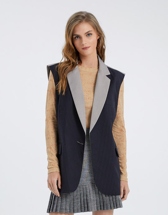 투톤 스트라이프 블레이저 조끼