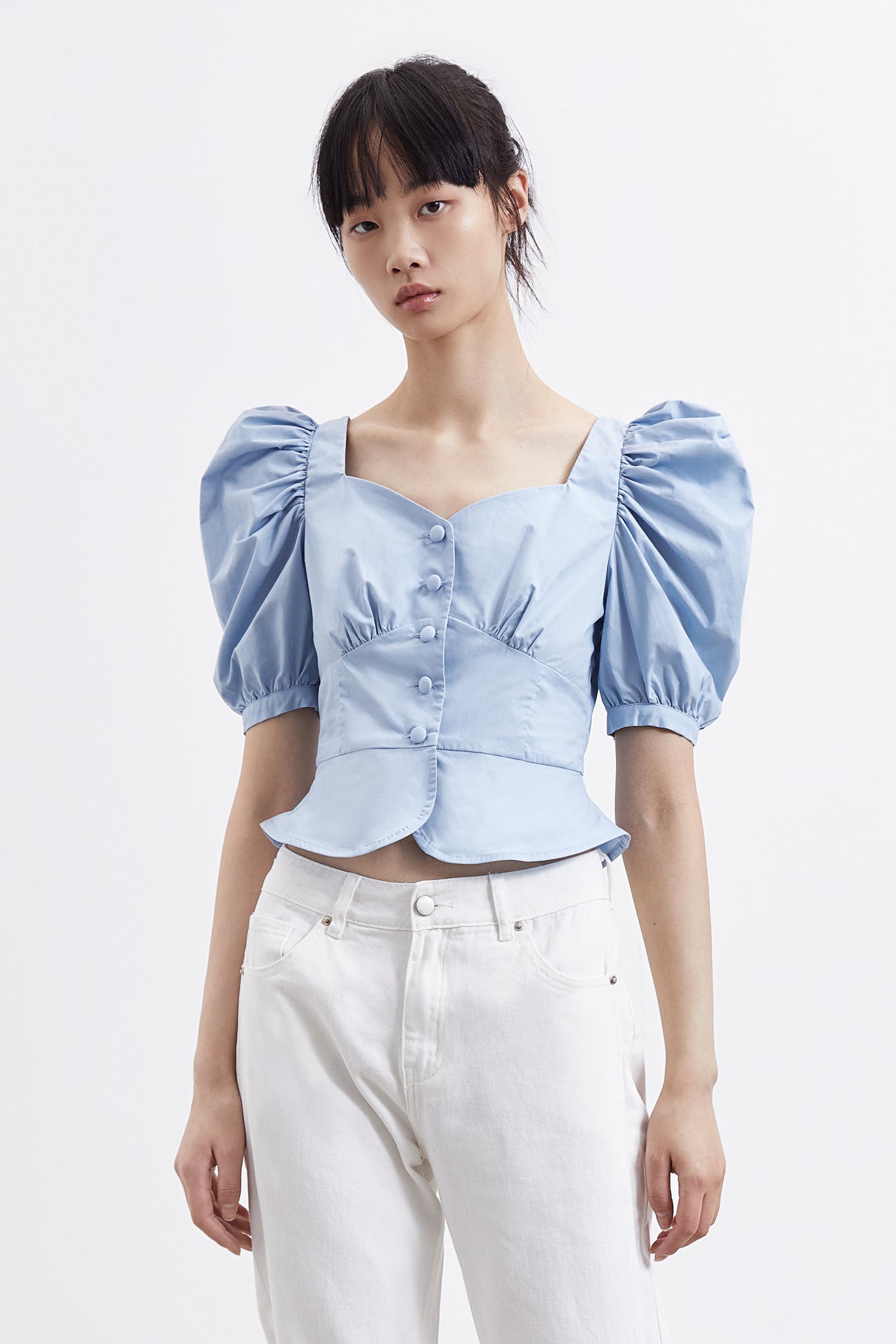 퍼프 소매 스퀘어 카라 셔츠