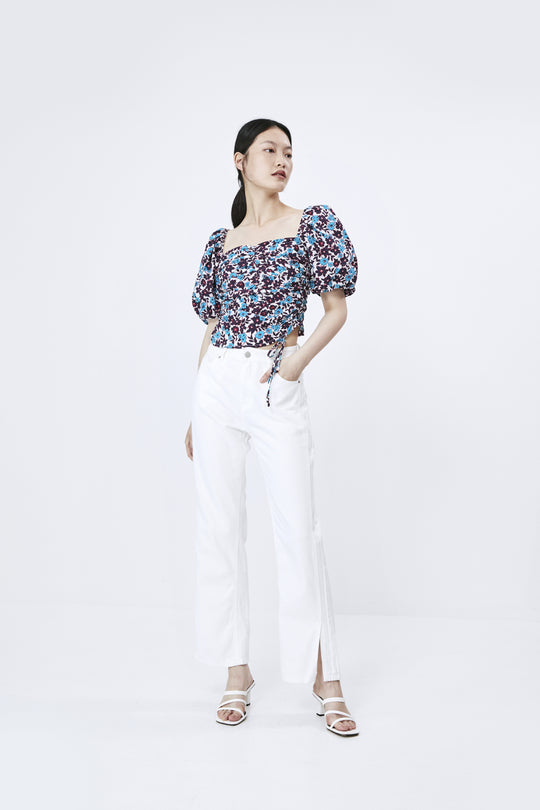 퍼프 소매 스퀘어 카라 블라우스