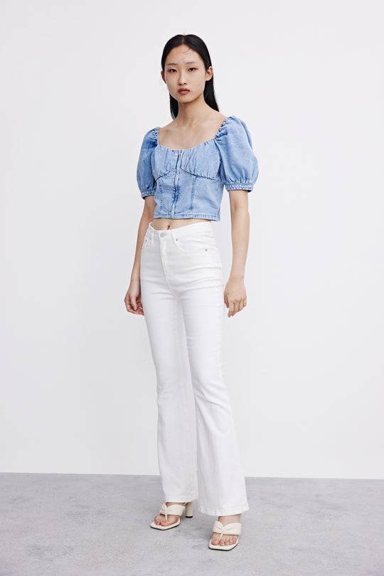 퍼프 소매 U넥 데님 셔츠