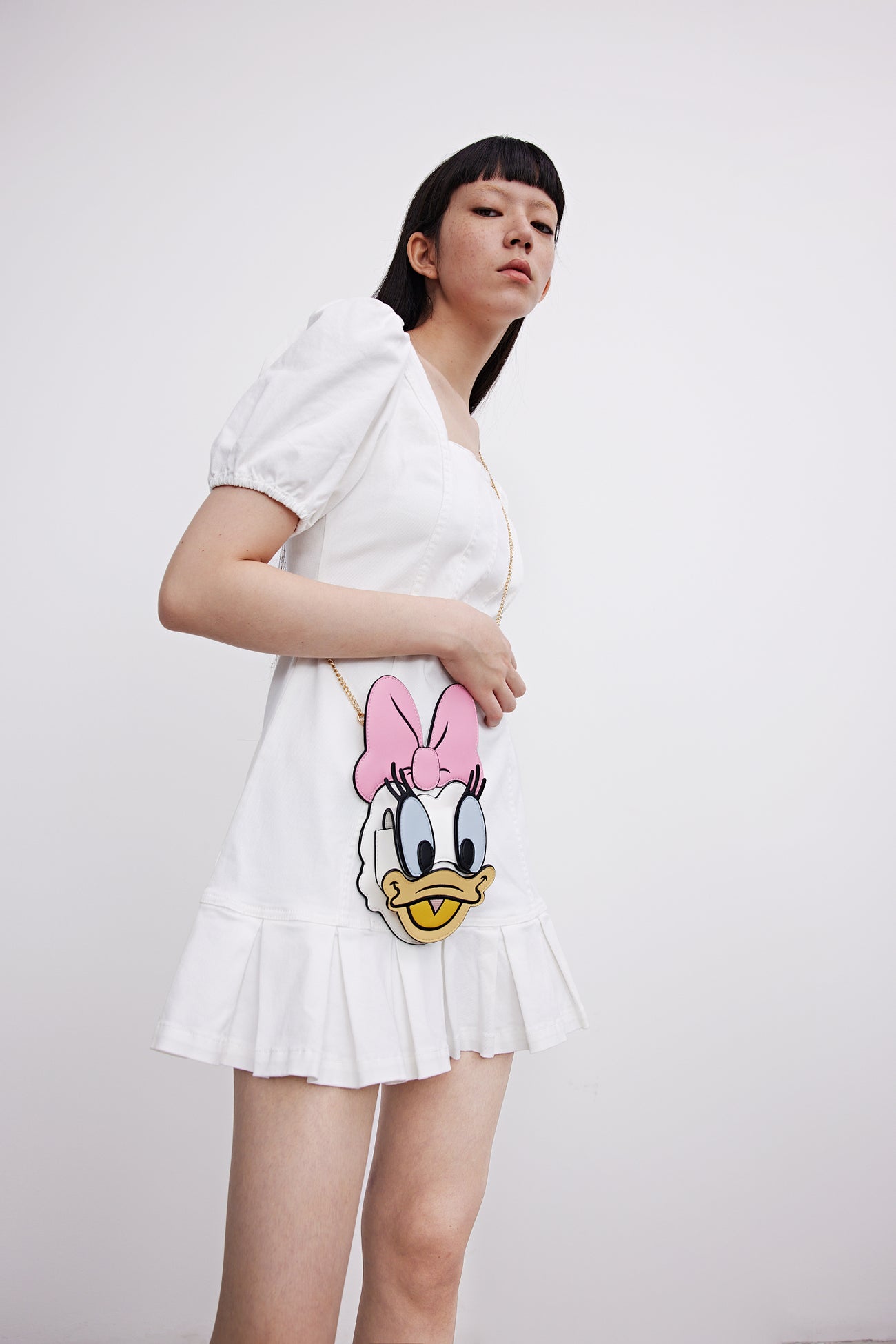 퍼프 소매 스퀘어 카라 데님 드레스