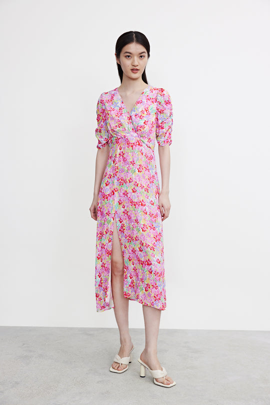 퍼프 소매 V넥 스케이터 드레스