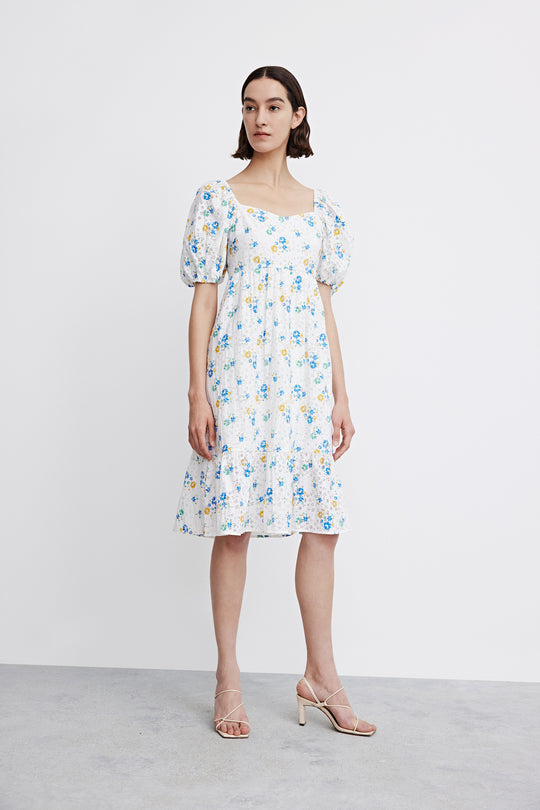 퍼프 소매 V넥 스케이터 드레스