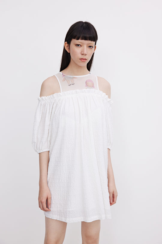 퍼프 소매 크루넥 스트레이트 드레스