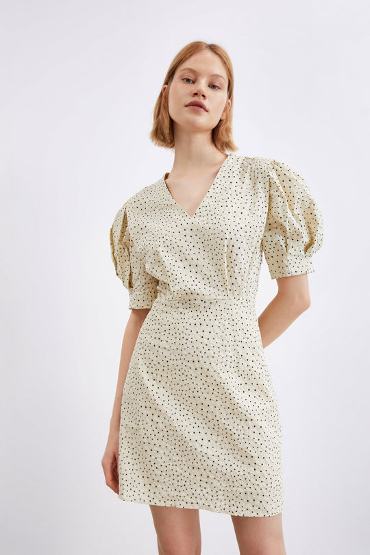 퍼프 소매 V넥 드레스