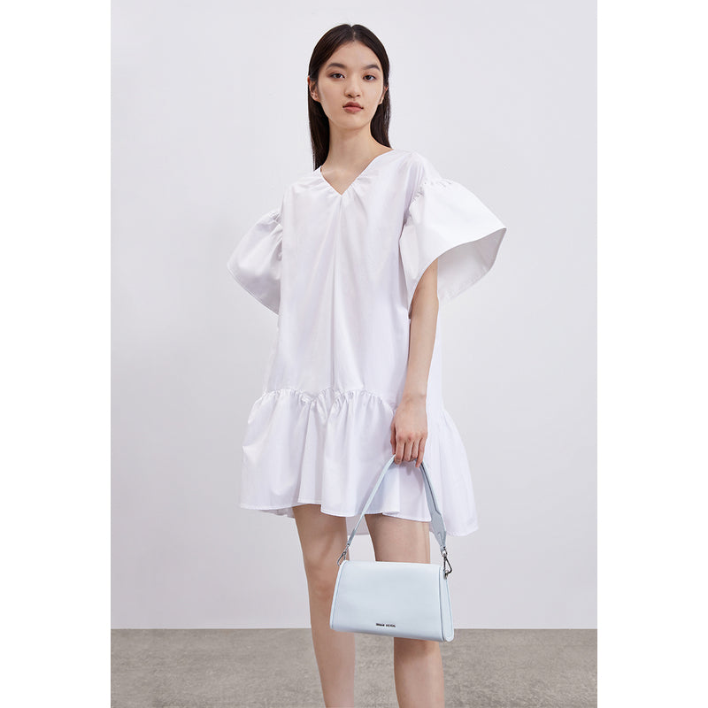 퍼프 소매 V넥 A-Line 드레스