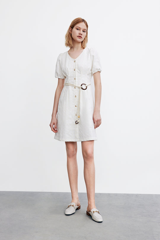 퍼프 소매 V넥 데님 드레스