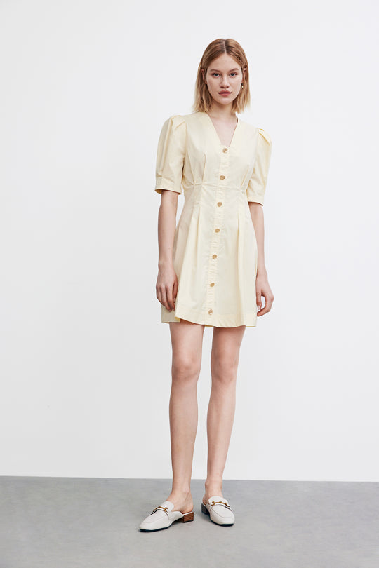 퍼프 소매 V넥 스케이터 드레스