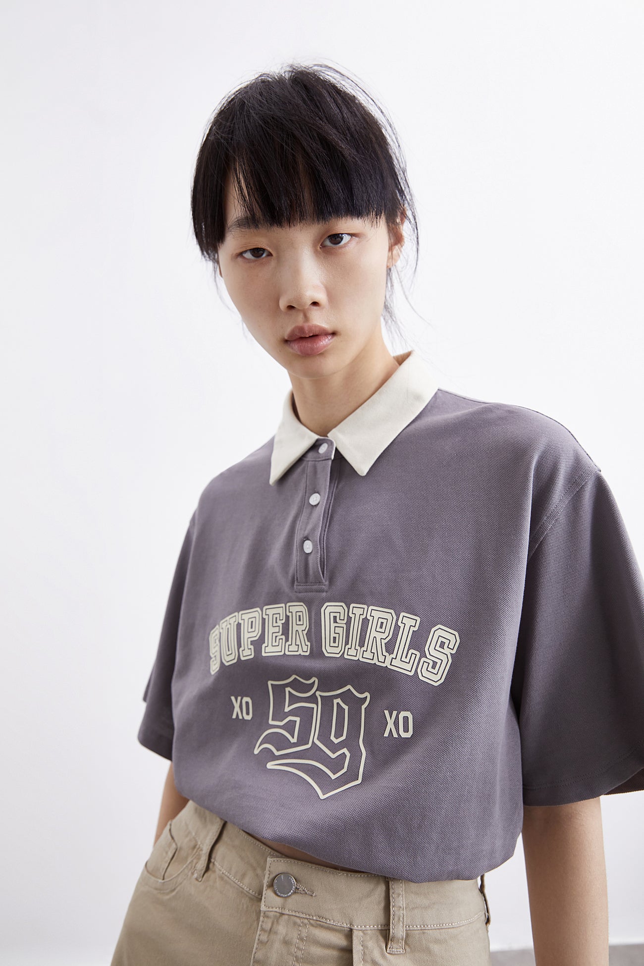 오프 숄더 셔츠 카라 루즈핏 티셔츠
