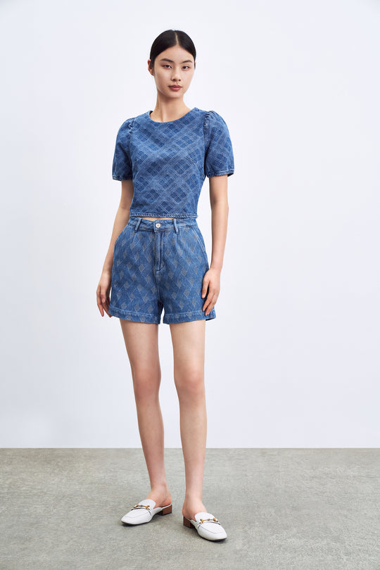 퍼프 소매 크루넥 데님 셔츠