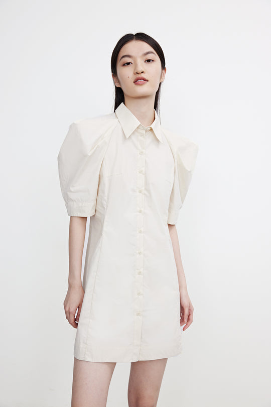 퍼프 소매 셔츠 카라 스케이터 드레스