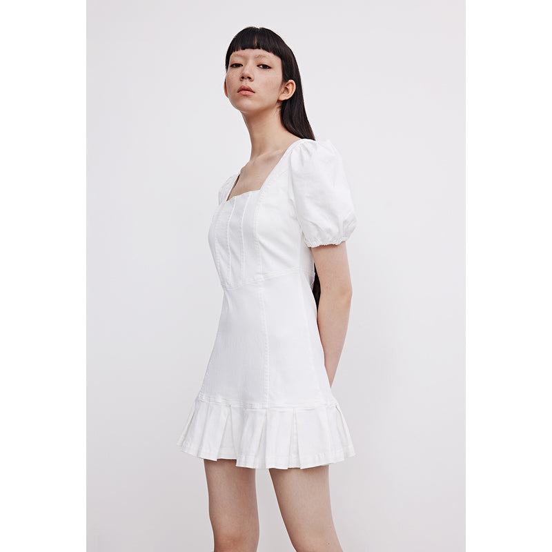 퍼프 소매 스퀘어 카라 데님 드레스