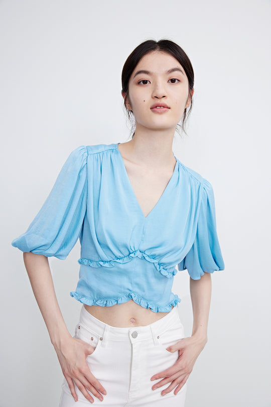퍼프 소매 V넥 블라우스