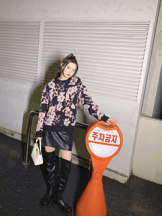 플로럴 패턴 드롭 숄더 스웨터