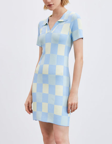 바둑판 체크 패턴 V넥 니트 드레스