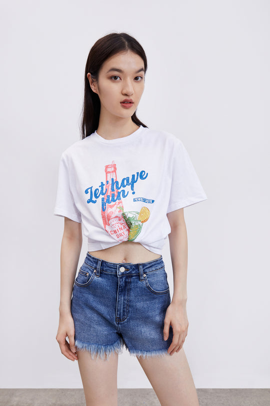 오프 숄더 크루 넥 레귤러 티셔츠